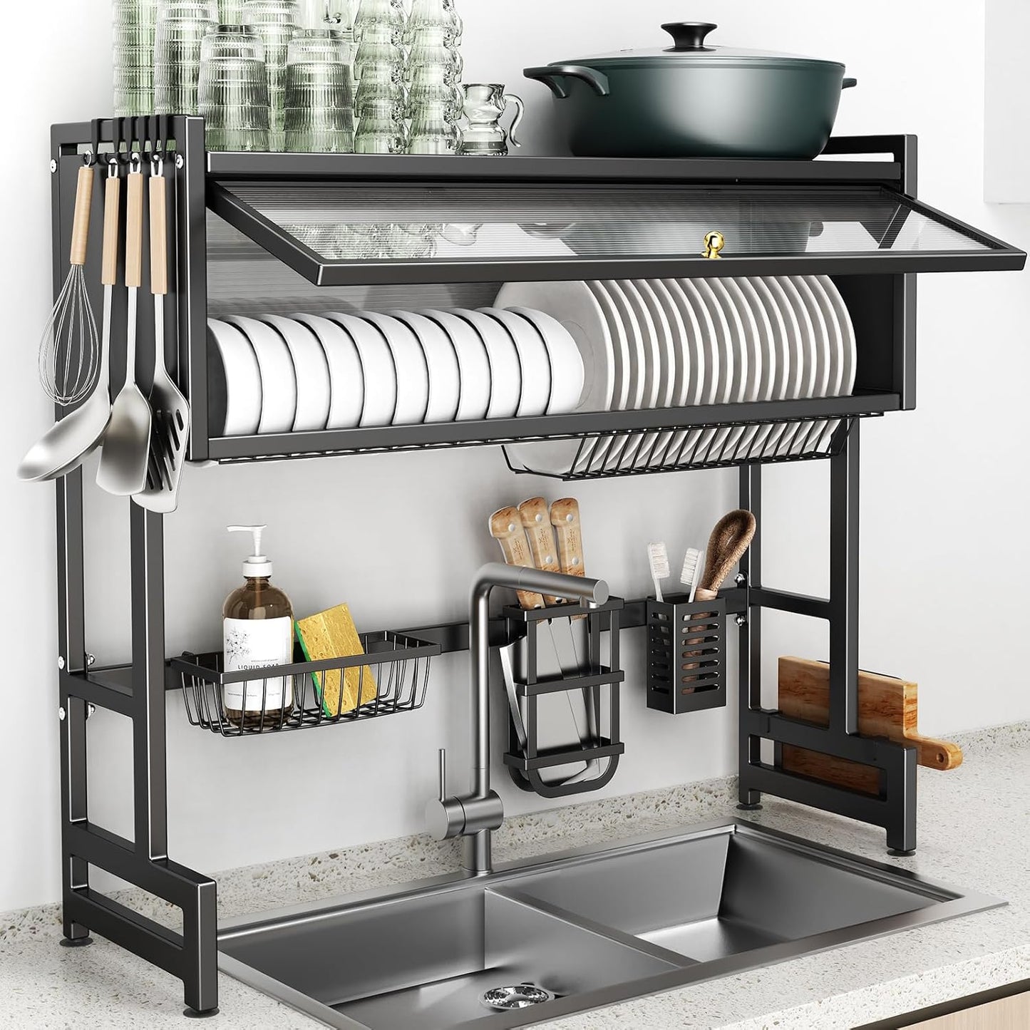 3-Tiers Over The Sink Dish Drainer Drying Rack with Cover