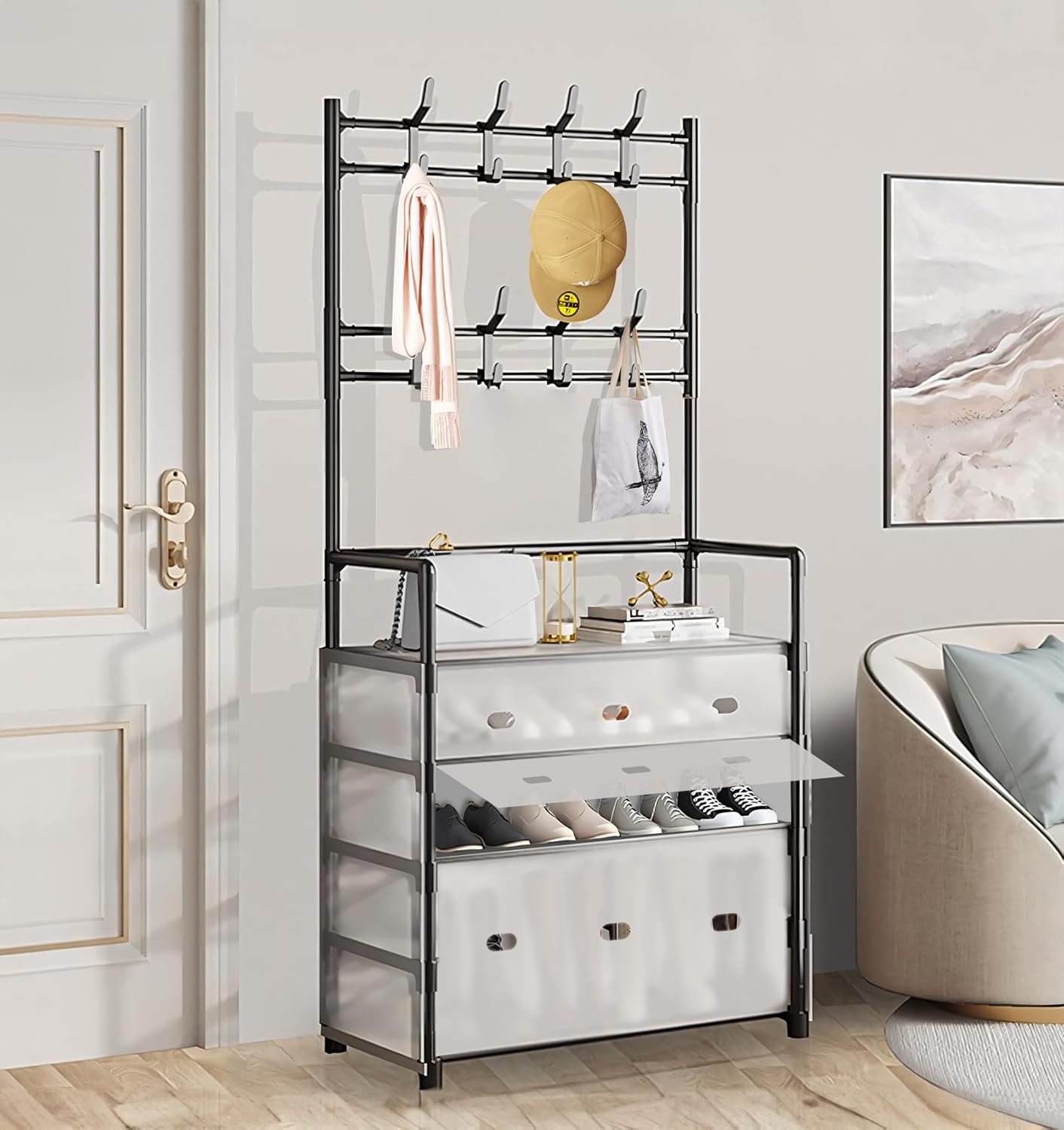 Dust Proof Coat & Shoe Rack with Hooks