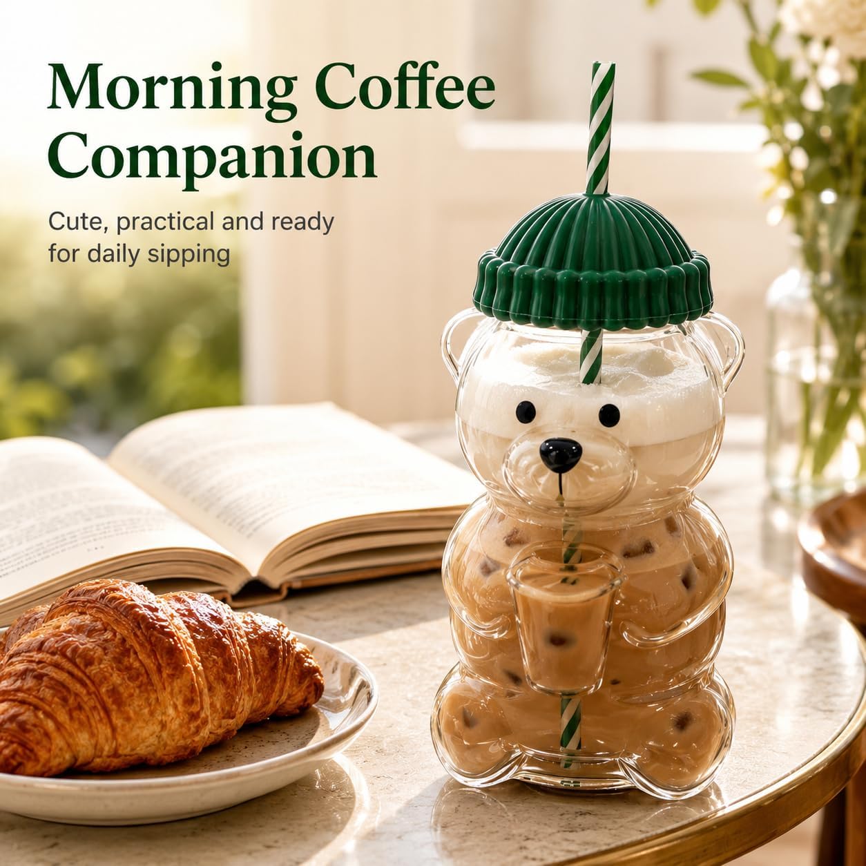 Cute Bear Glass Cup with Straw & Lid