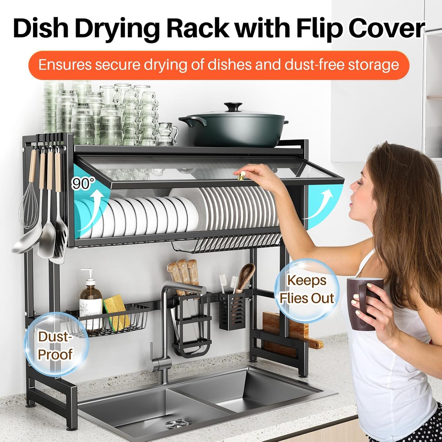 3-Tiers Over The Sink Dish Drainer Drying Rack with Cover