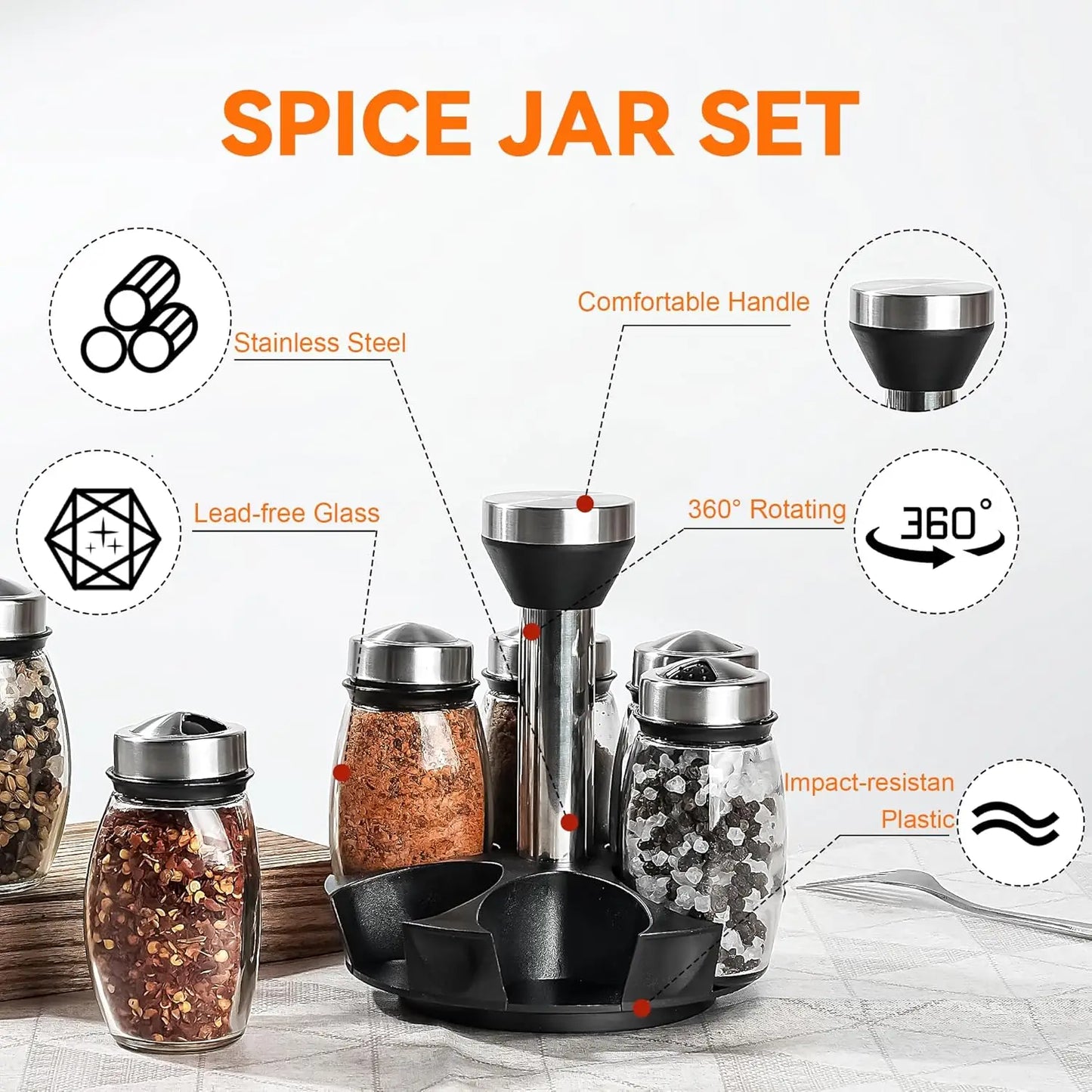 Revolving Spice Rack Set with Six Glass Jars.