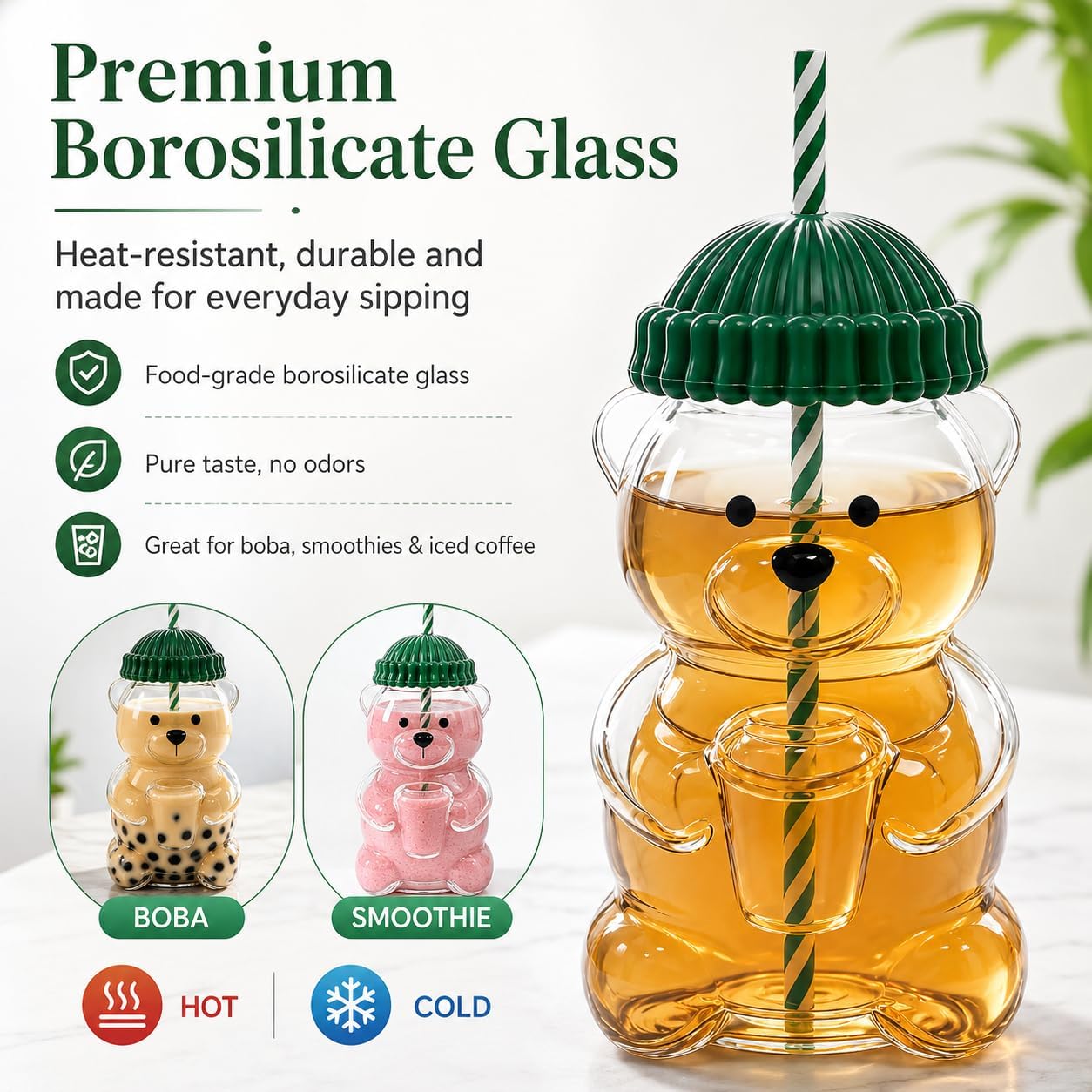 Cute Bear Glass Cup with Straw & Lid