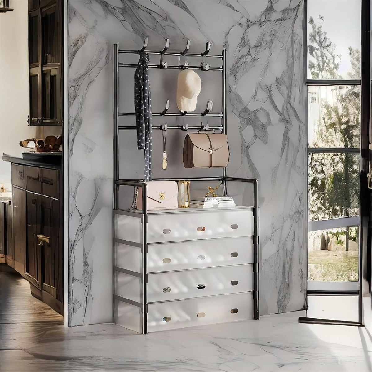 Modern Entryway Dustproof Shoes and Coat Rack with Hooks