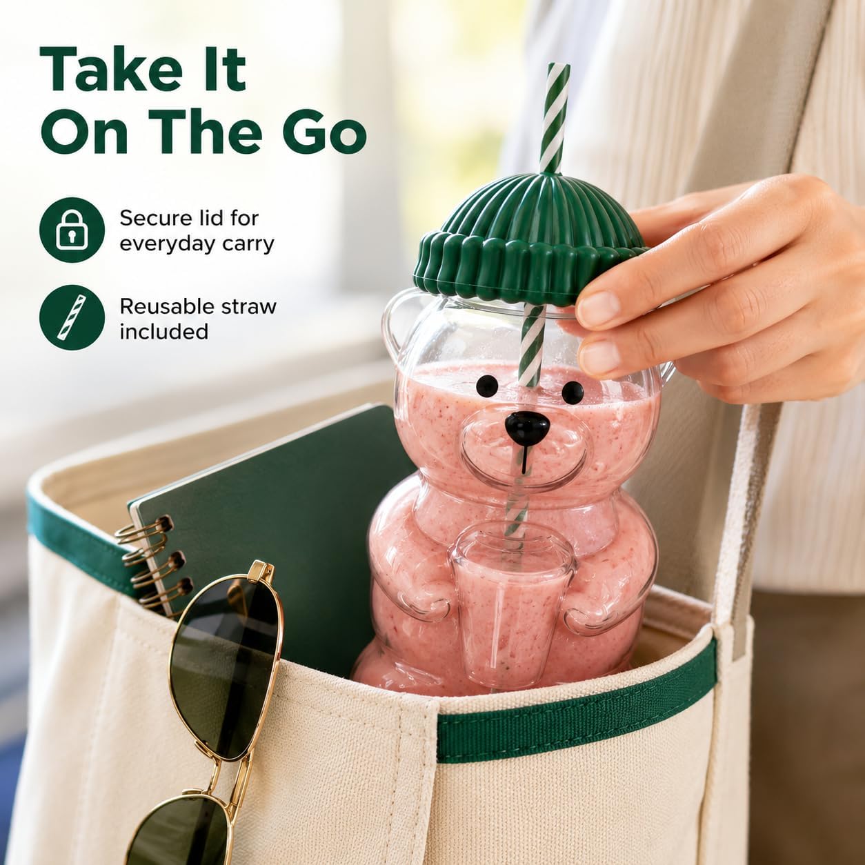 Cute Bear Glass Cup with Straw & Lid