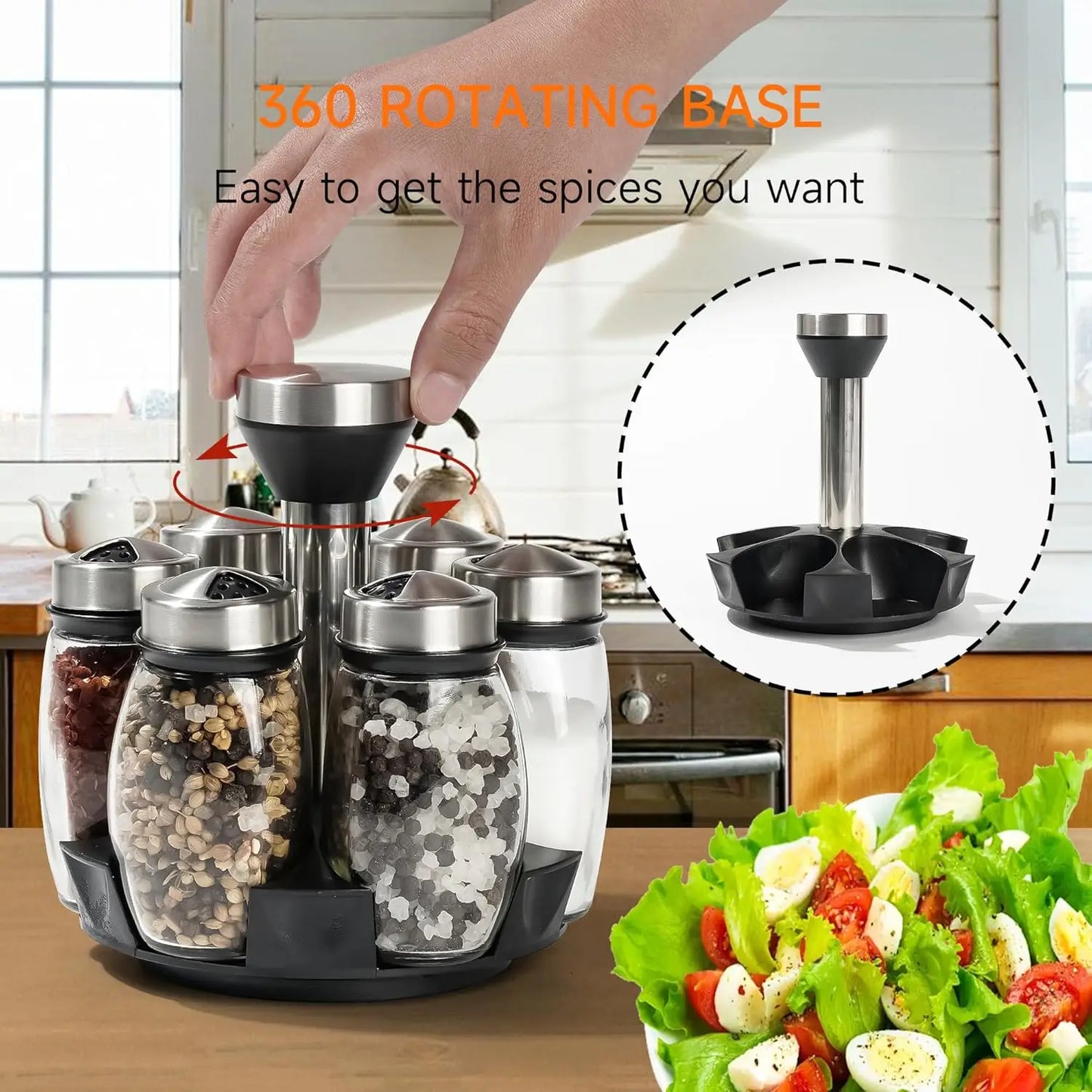 Revolving Spice Rack Set with Six Glass Jars.