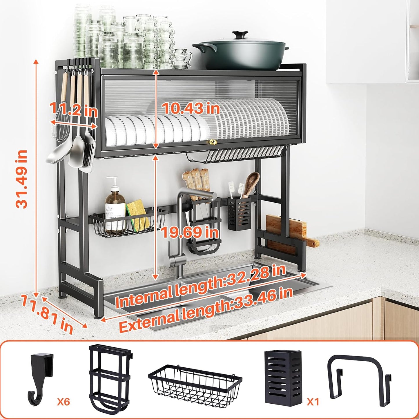 3-Tiers Over The Sink Dish Drainer Drying Rack with Cover