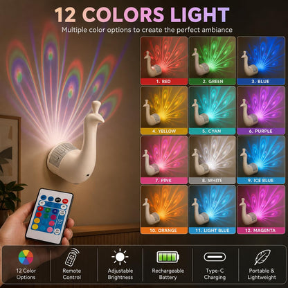 Peacock projection lamp - RGB mood lighting decor - Remote-controlled color-changing light