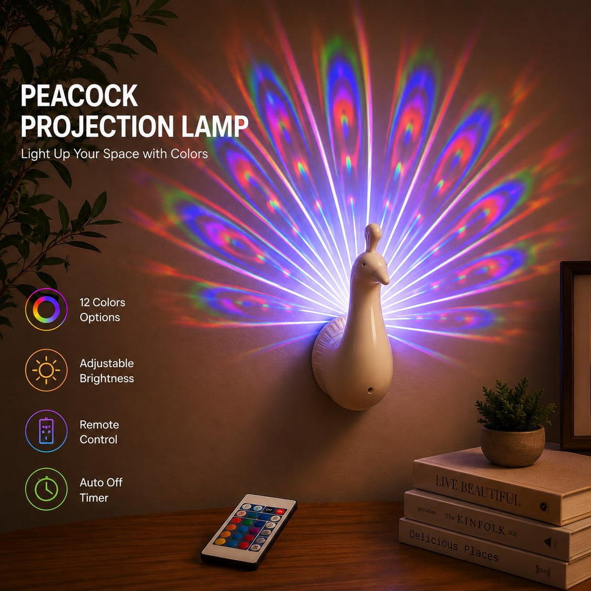Peacock projection lamp - RGB mood lighting decor - Remote-controlled color-changing light