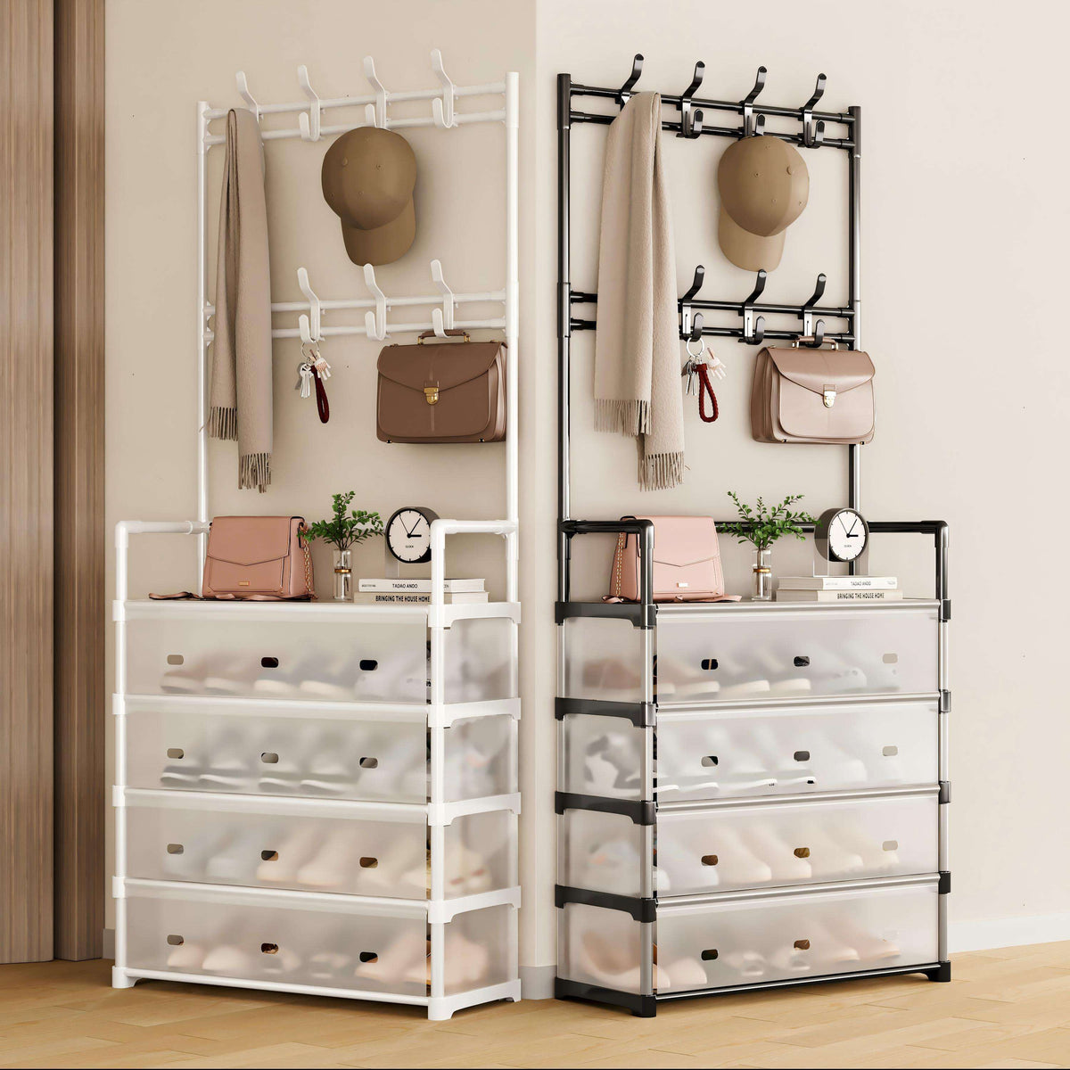 Modern Entryway Dustproof Shoes and Coat Rack with Hooks