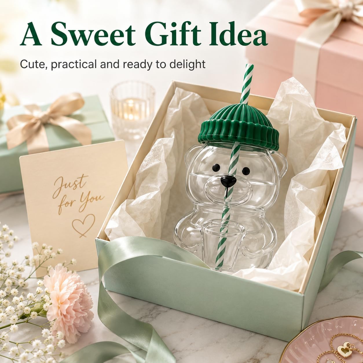 Cute Bear Glass Cup with Straw & Lid