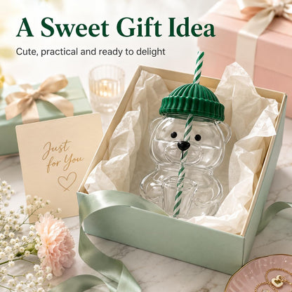 Cute Bear Glass Cup with Straw & Lid
