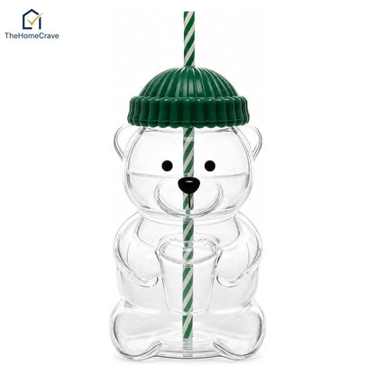 Cute Bear Glass Cup with Straw & Lid