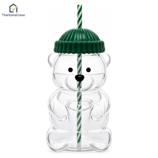 Cute Bear Glass Cup with Straw & Lid