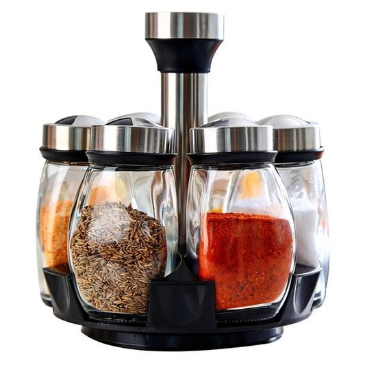 Revolving Spice Rack Set with Six Glass Jars.